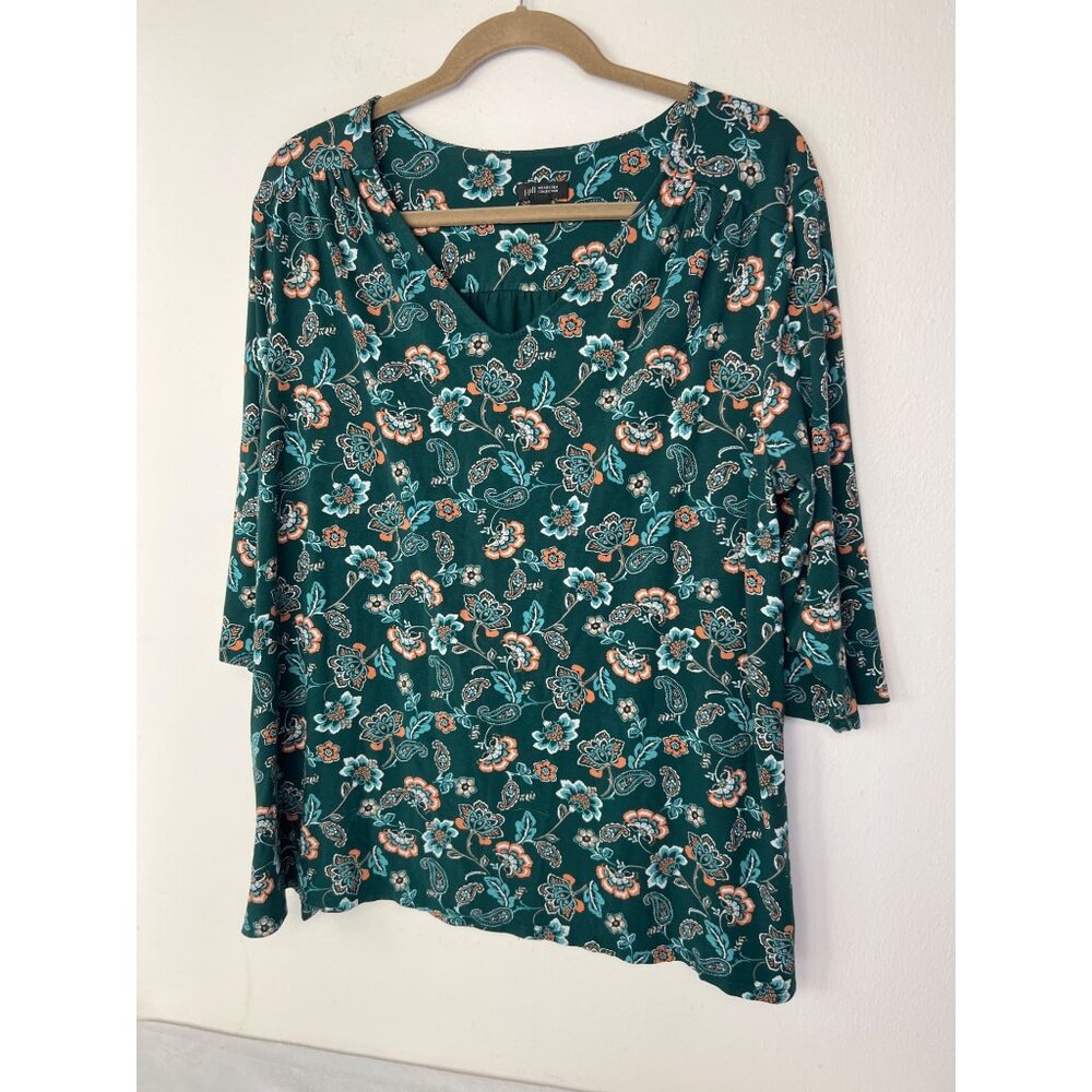 J Jill Wearever Collection Tunic Womens XL Petite Green Paisley Stretch Artsy
